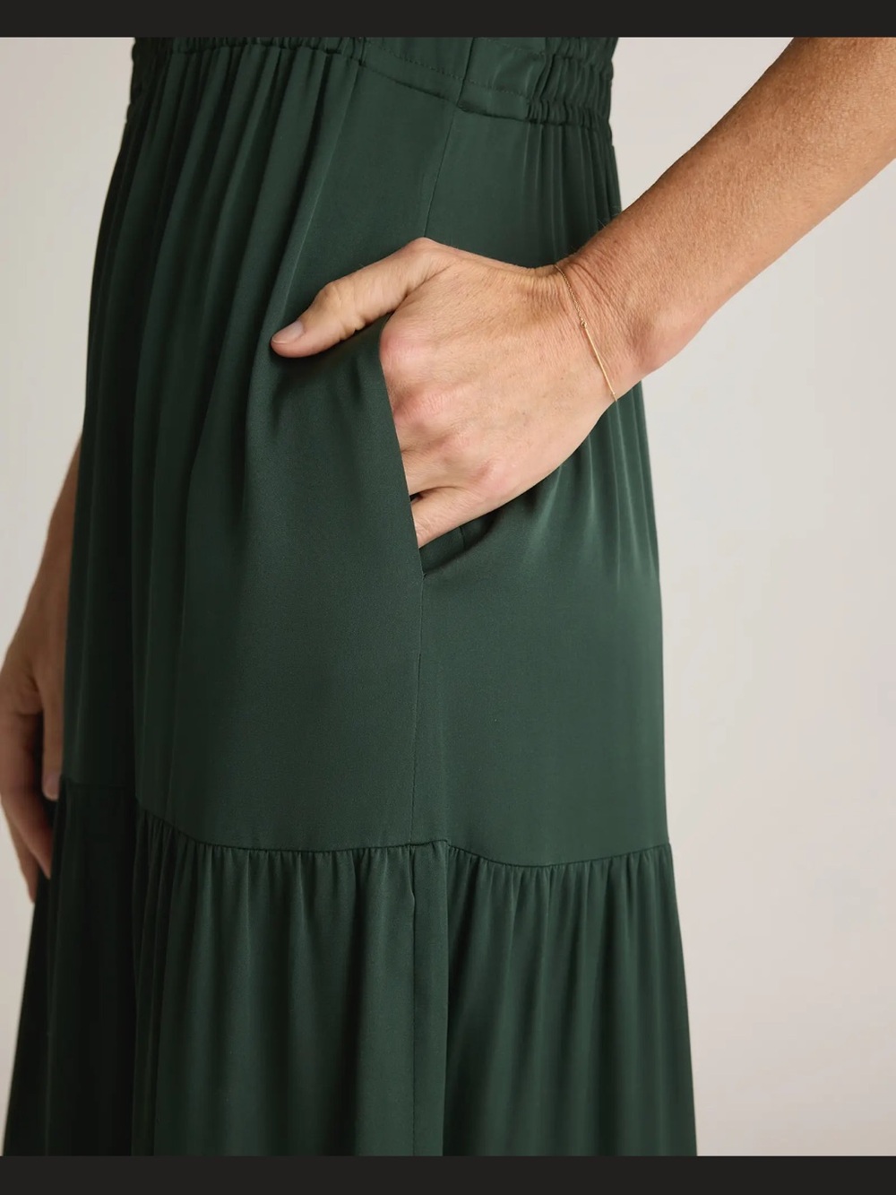 Quince Washable Silk Tiered Maxi Dress Dark Forest Green Size M V Neck Pockets - Picture 3 of 14